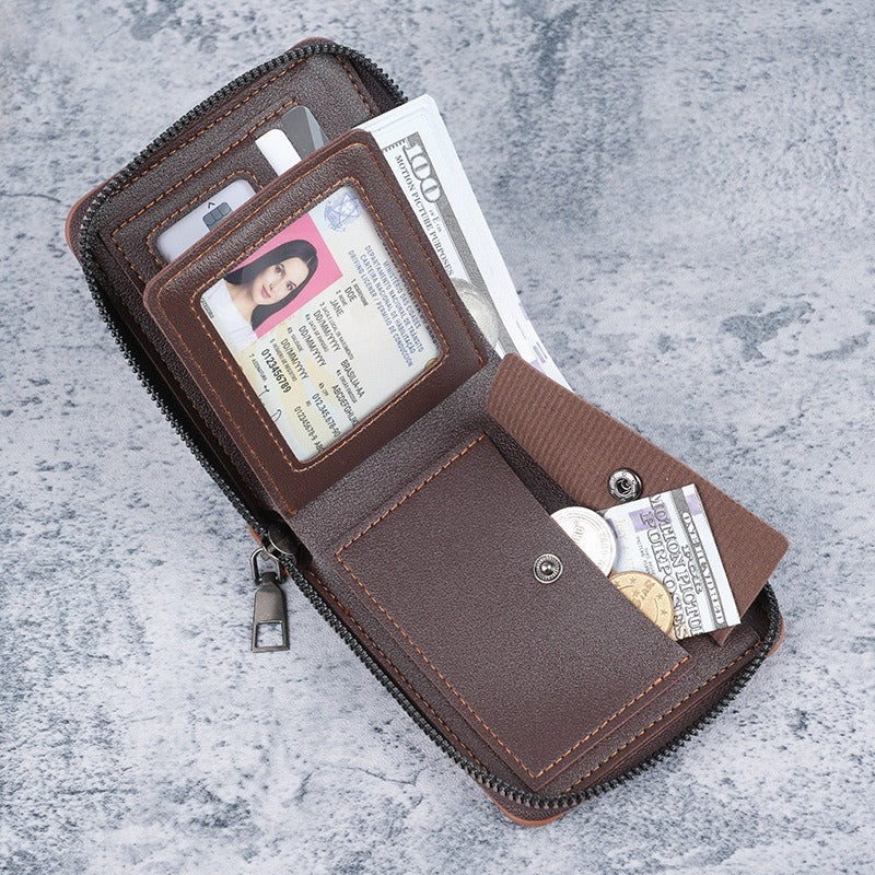 Men's Pure Color Short Tri-Fold Wallet & Student Zipper Coin