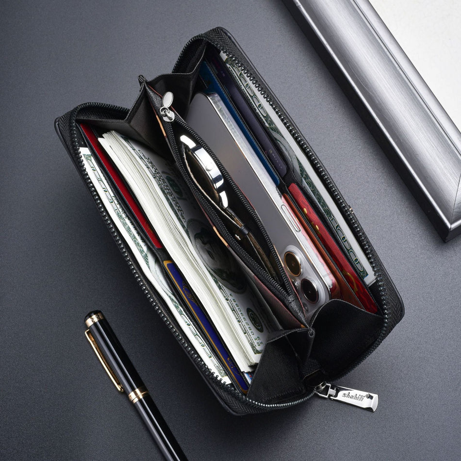 Men's Large-Capacity Long Leather Zipper Wallet & Card Holder