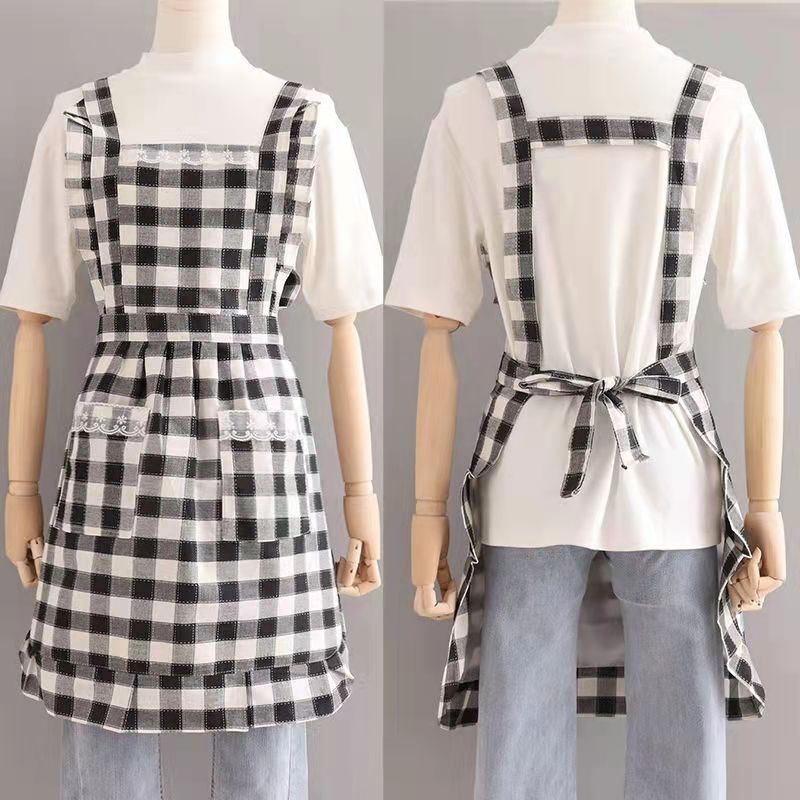 Blue Korean Style Plaid Kitchen Apron Sleeveless Anti-Fouling Dress