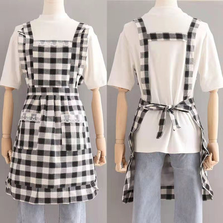 Blue Korean Style Plaid Kitchen Apron Sleeveless Anti-Fouling Dress