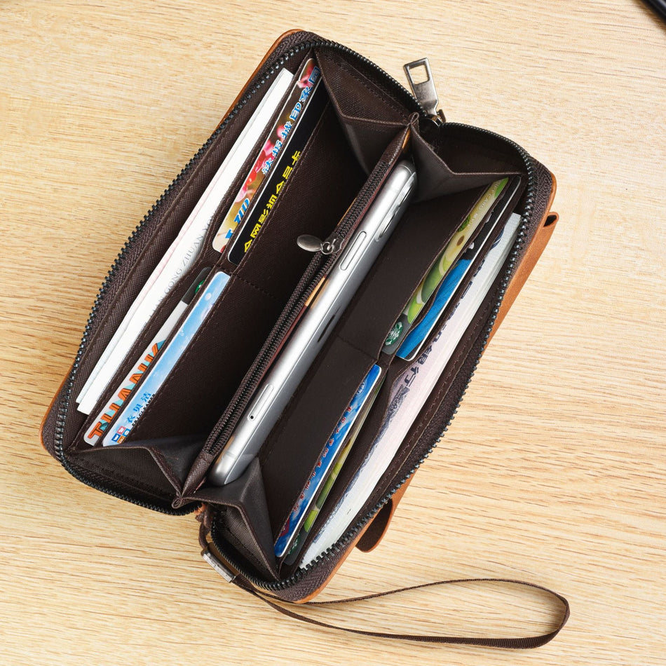 Men's Cross-Border Soft Leather Long Zipper Wallet & Mobile Phone