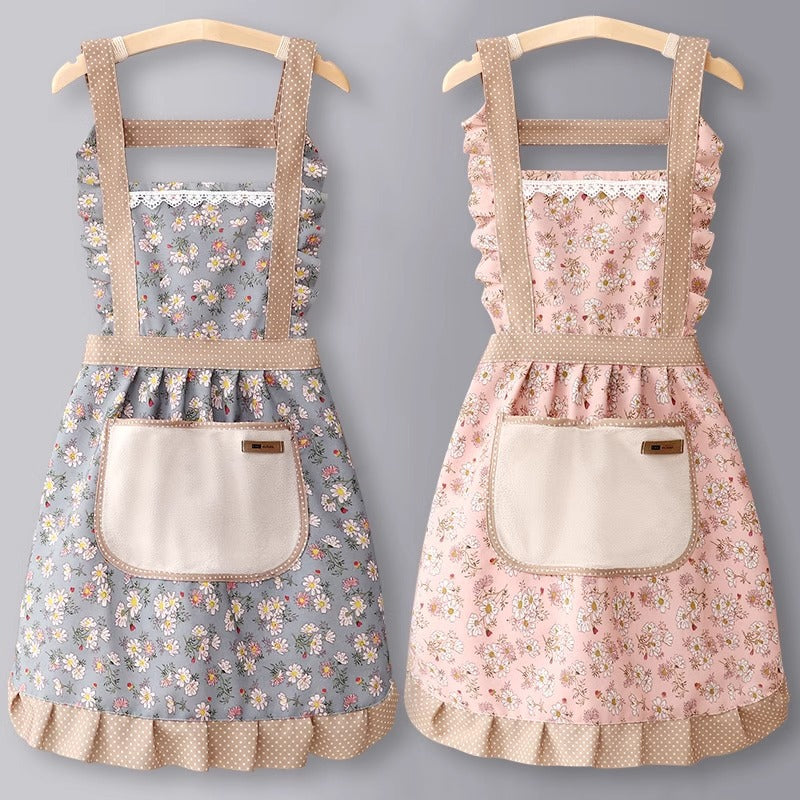 Pink Cotton Floral Princess Kitchen Apron Waterproof Oil-Proof Bib Skirt