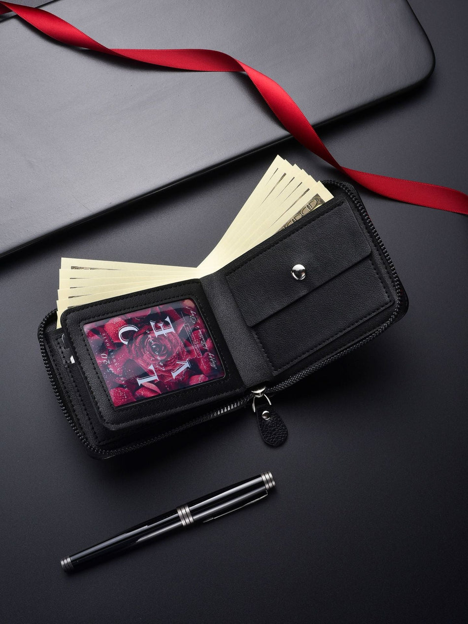 Men's Retro Lychee Pattern Short Zipper Wallet & Business Card
