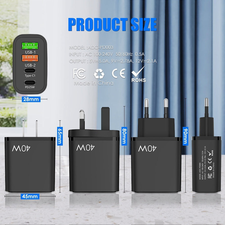 40W Multi-Port PD Fast Charging 2U+2C Travel Adapter