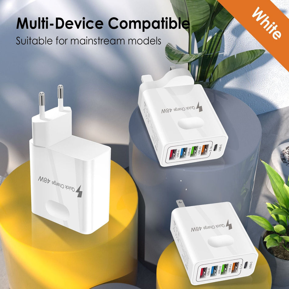 48W Multi-Port PD Travel Charger 4USB+1C EU UK US Adapter