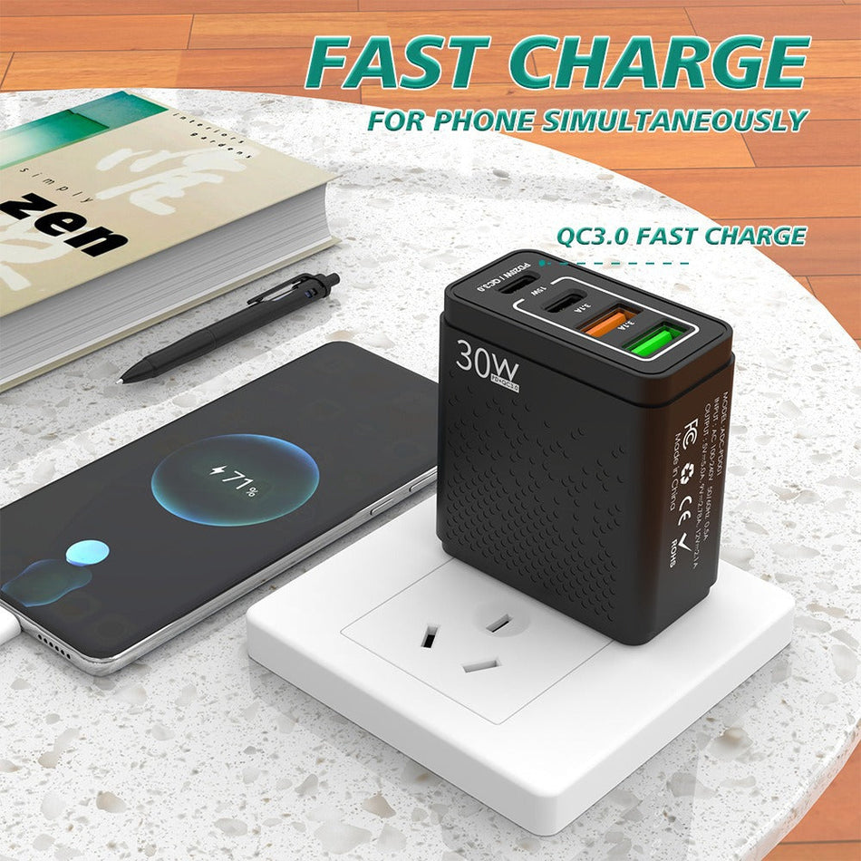 30W PD Multi-Port Fast Charging 2U+2C Travel Adapter
