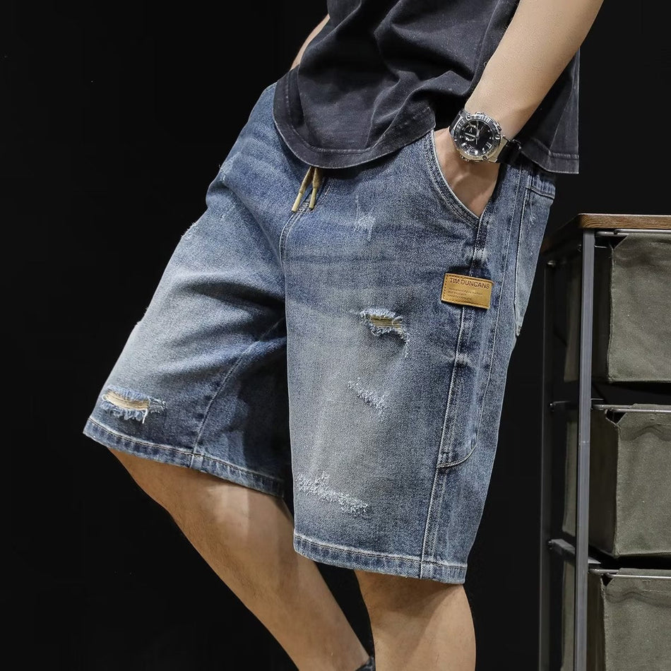 Men's Premium Drawstring Ripped Straight Denim Shorts