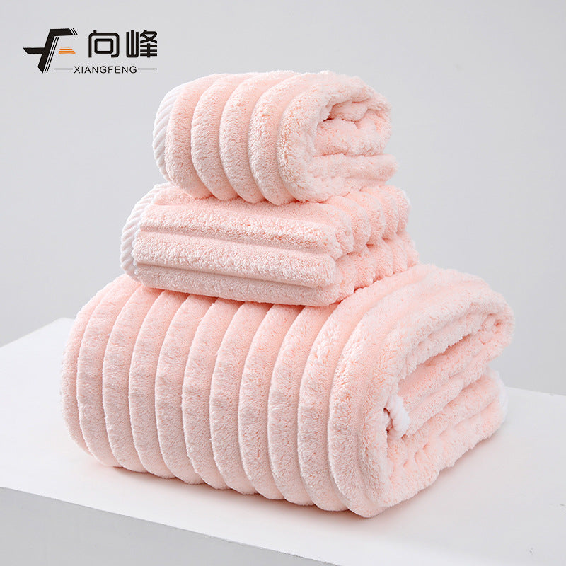 Coral Velvet Corduroy Bath Towel Set with Hair Drying Cap Soft