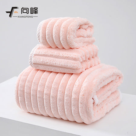 Coral Velvet Corduroy Bath Towel Set with Hair Drying Cap Soft