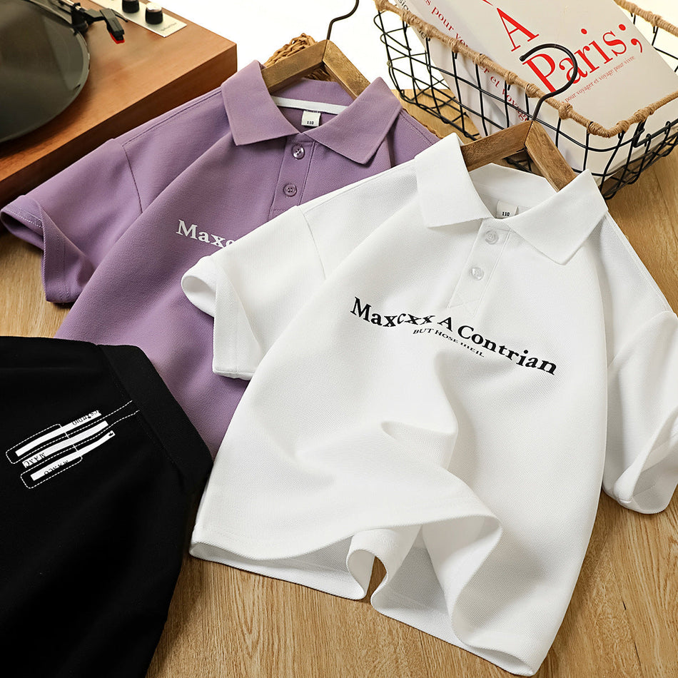 Boys Pique Cotton Polo Shirt Turn-Down Collar Summer Top