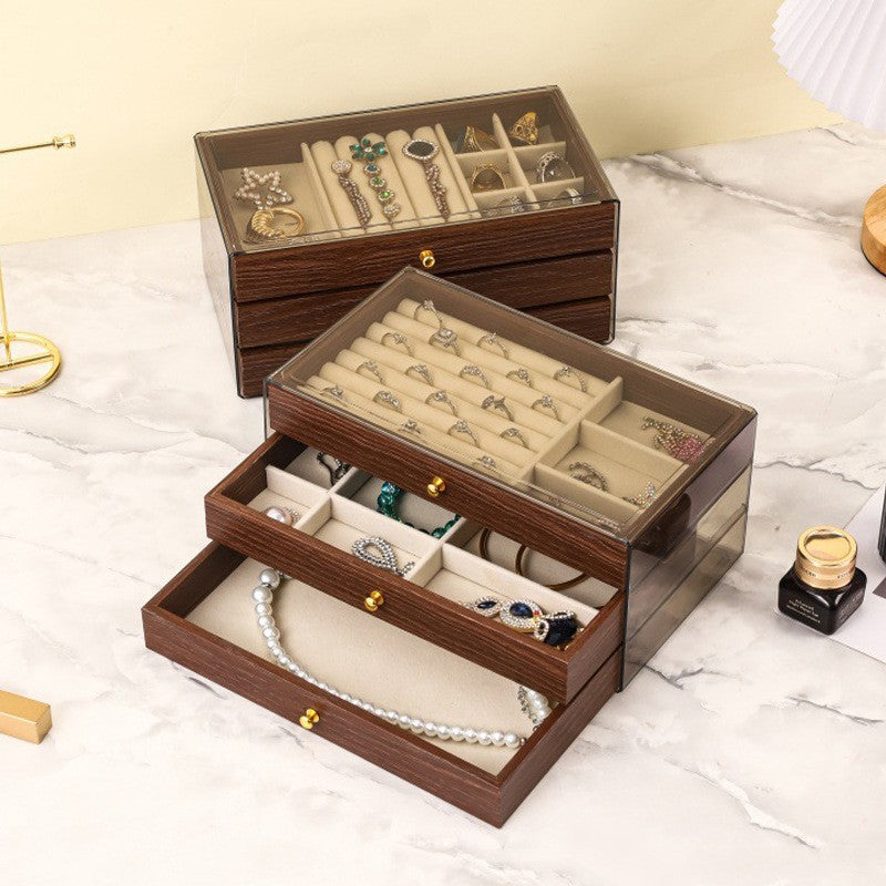 Walnut Wood Grain 3-Layer Jewelry Storage Box Dustproof Drawer Organizer