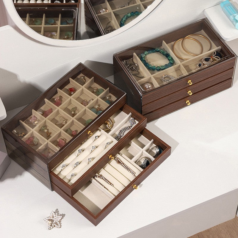 Walnut Wood Grain 3-Layer Jewelry Storage Box Dustproof Drawer