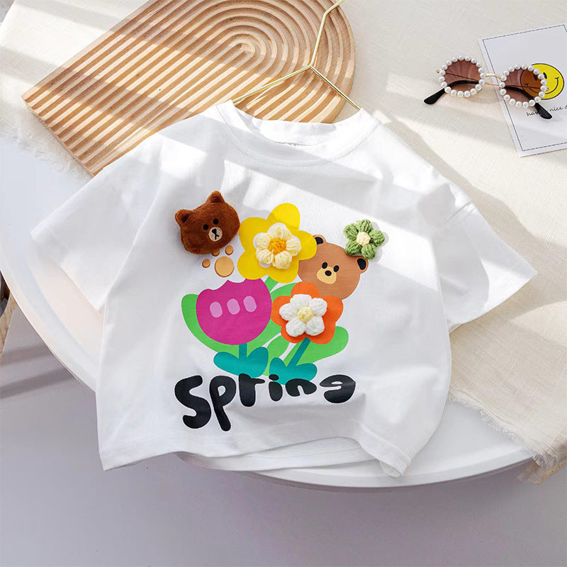 Girls Cotton Short Sleeve T-Shirt Cute Floral 3D Summer Top