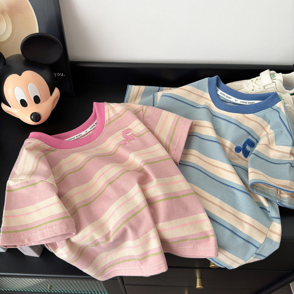 Kids Embroidered Cotton Short Sleeve T-Shirt Korean Style Casual
