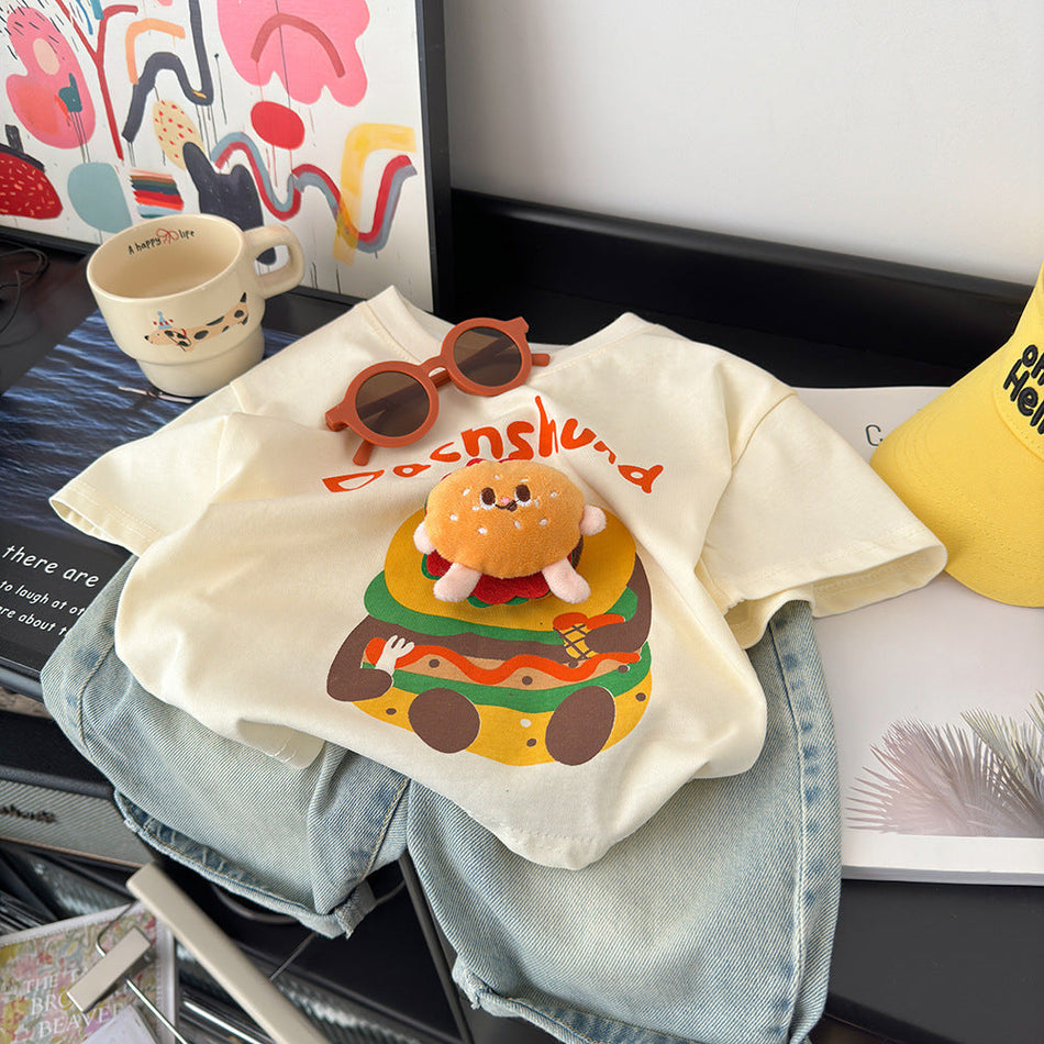 Kids Cotton Cartoon Burger Short Sleeve Loose Korean T-Shirt