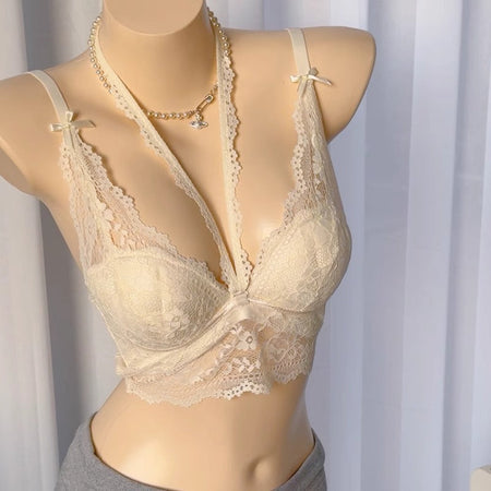 French Lace Halter Bra Small Bust Push-Up Sexy Sling Gathered Fit