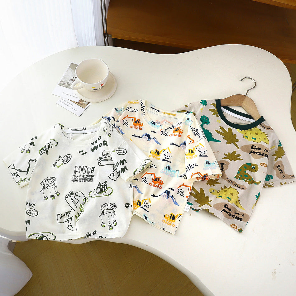 Kids Cotton Dinosaur Print Short Sleeve T-Shirt Summer Top