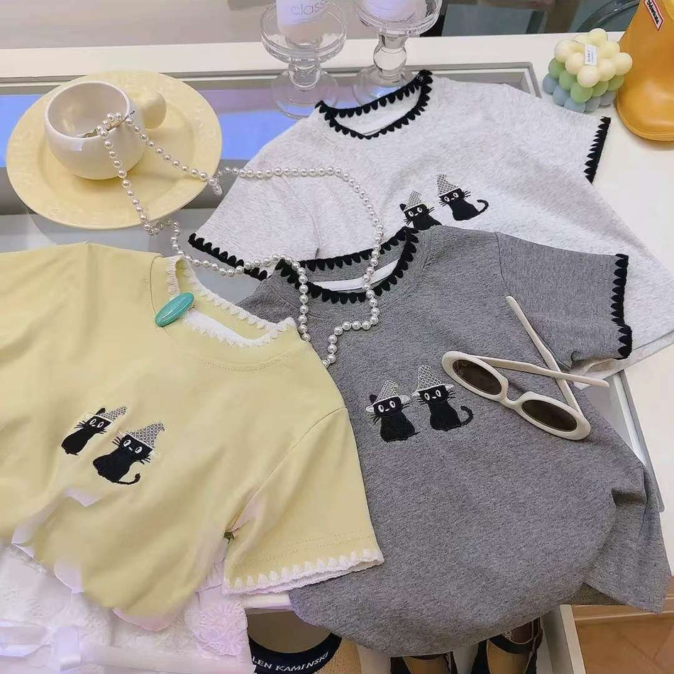 Girls Cotton Crochet Cat Embroidered Short Sleeve Summer T-Shirt