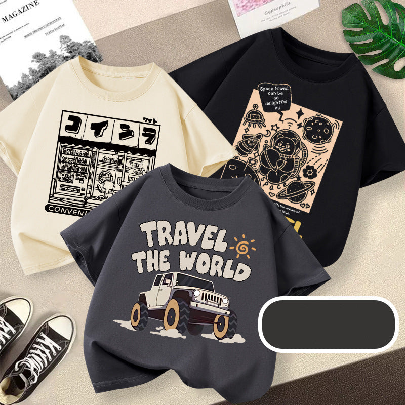 Boys Cotton Off-Road Cartoon Short Sleeve Summer T-Shirt