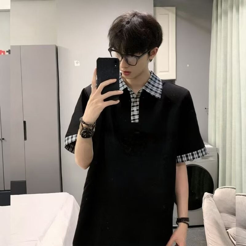 Men's Retro Plaid Short-Sleeve Polo Shirt Loose Fit