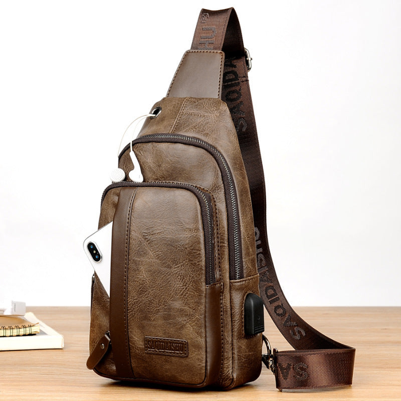 Men's Retro PU Leather Chest Bag with USB Crossbody Design