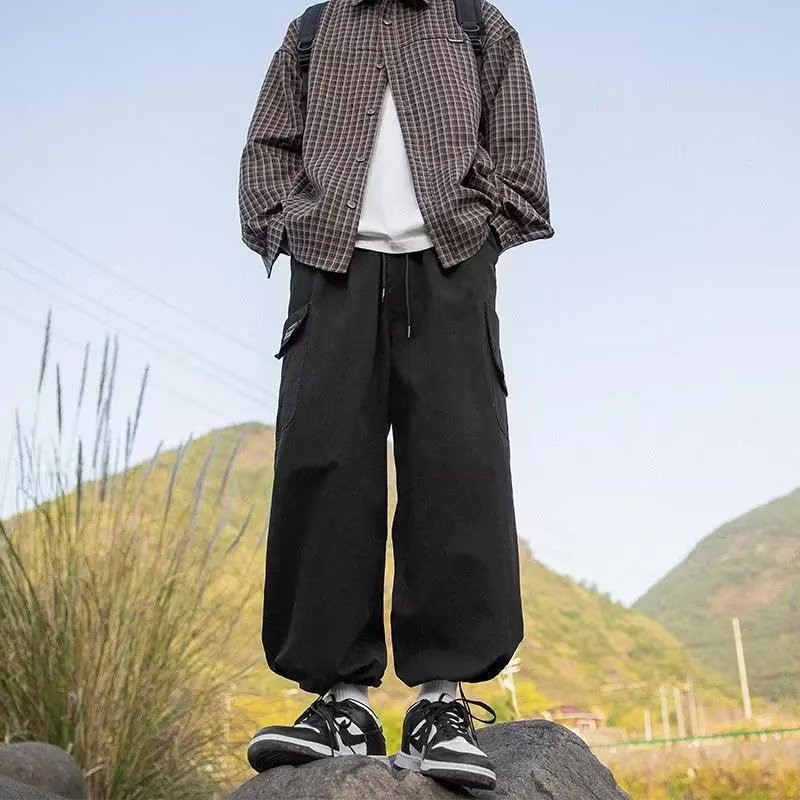 Men's Multi-Pocket Cargo Pants Loose Straight Cotton Casual Pants