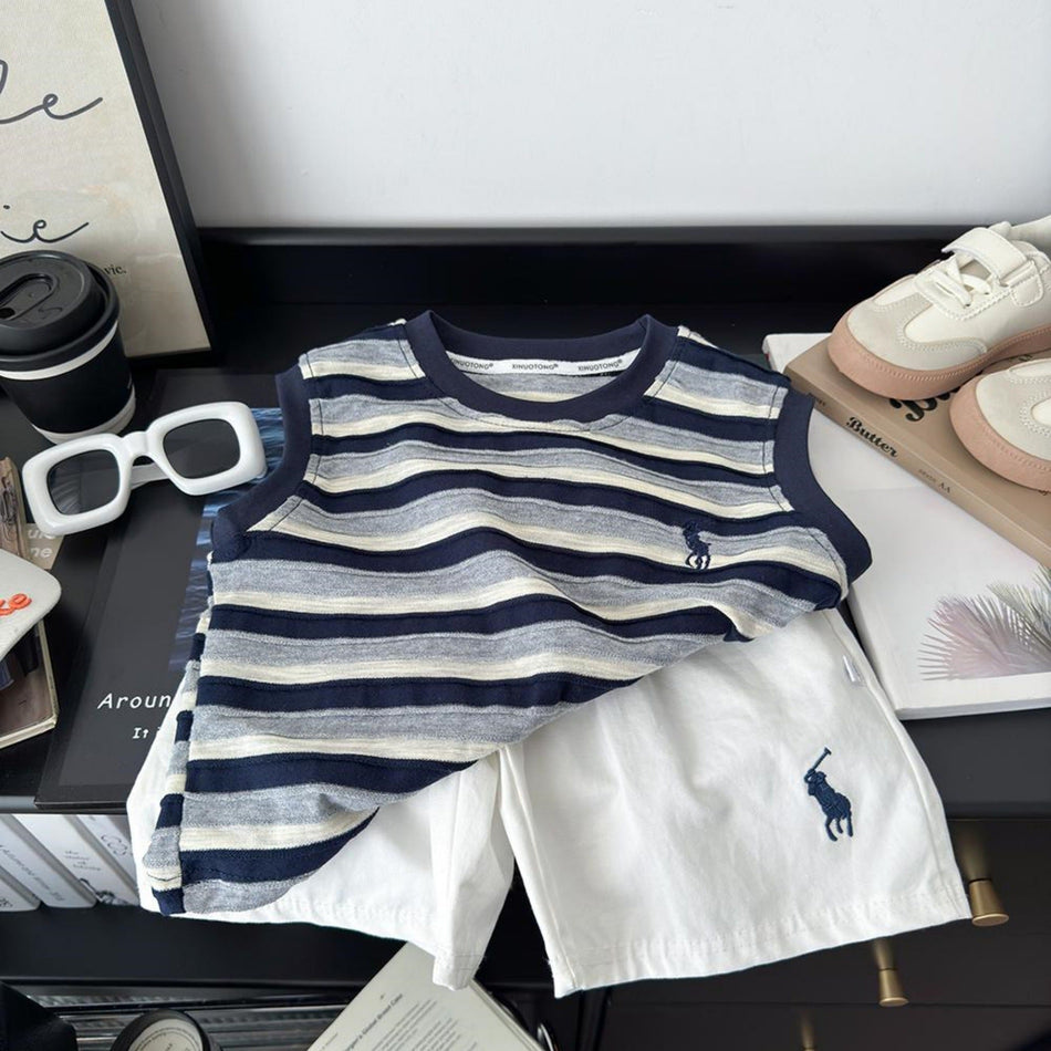 Elite Little Bear Embroidered Striped Summer Vest Two-Piece Set
