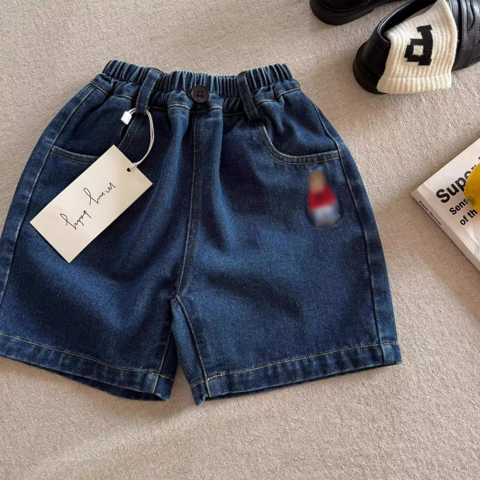 Elite Children's Japanese-Style Bear Embroidered Summer Denim