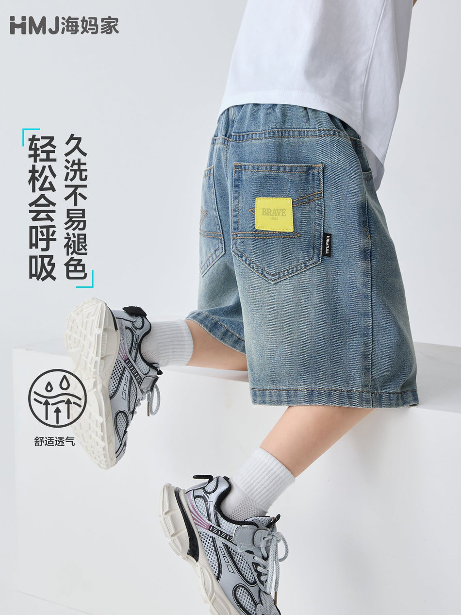 Elite Boys' Washed Denim Loose Summer Five-Point Pants