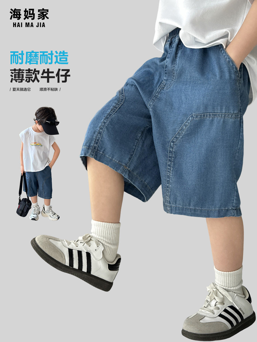 Elite Boys' Lyocell Blend Loose Summer Denim Five-Point Pants
