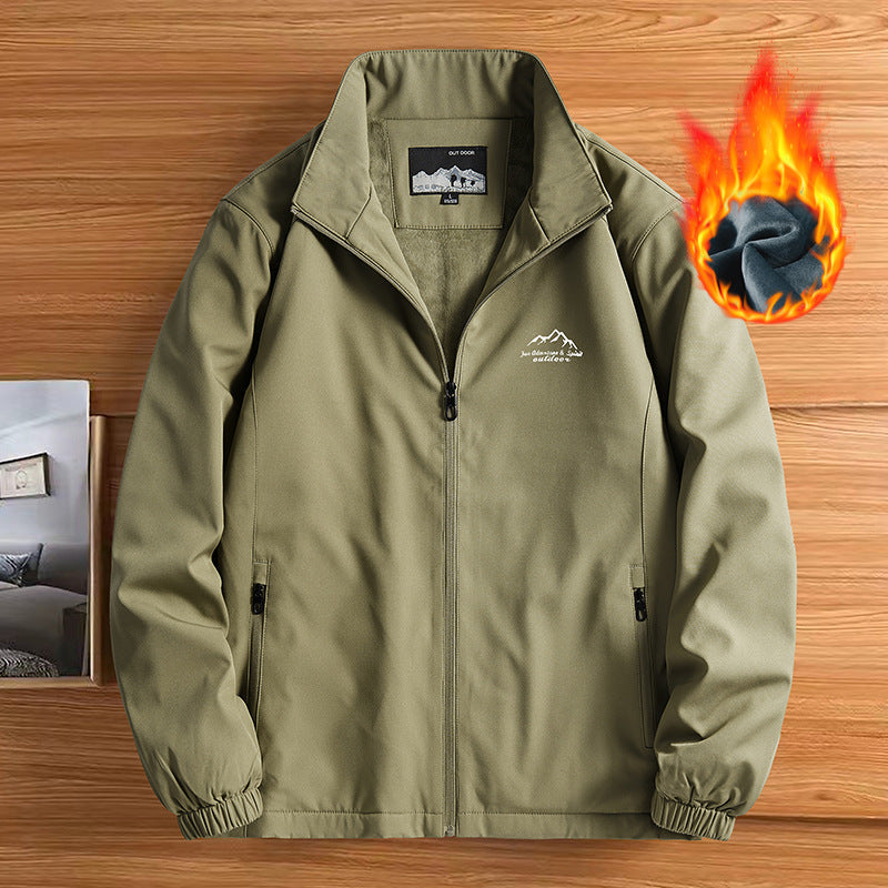 Men's Fleece-Lined Waterproof Outdoor Jacket Stand Collar Coat