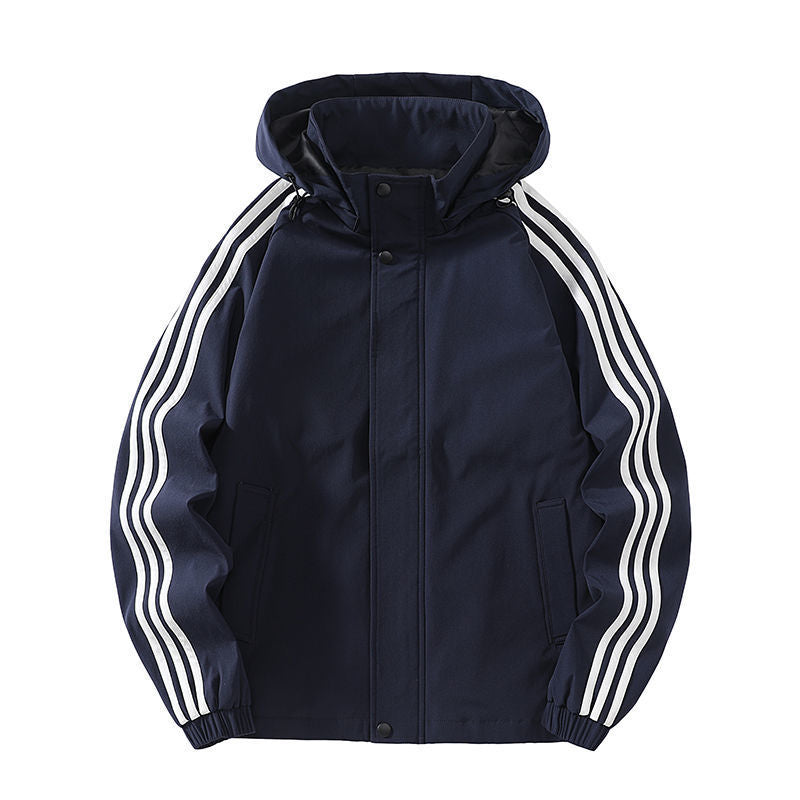 Men's Two-Way Zip Hooded Sports Jacket Striped Casual Coat