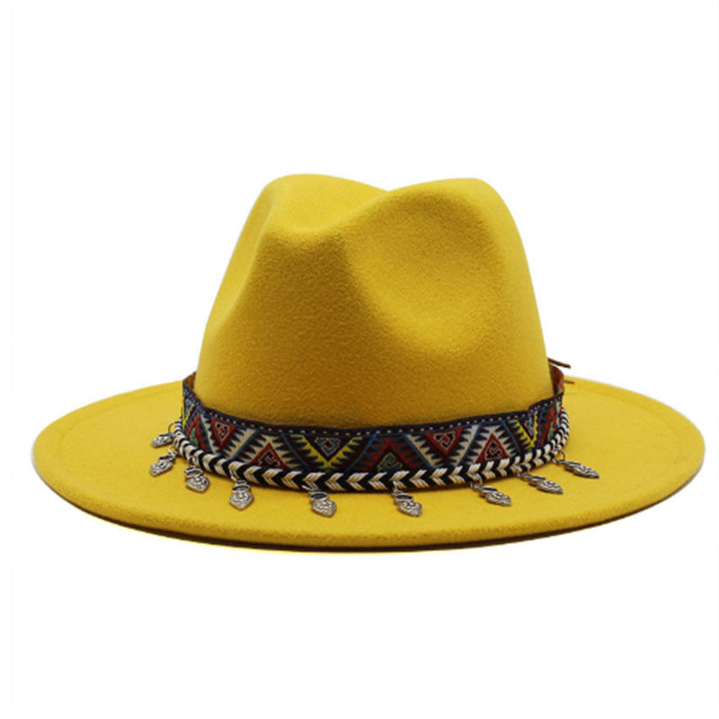 Unisex Wool Felt Jazz Hat Wide Brim Vintage Floral Accent Hat