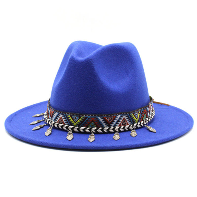 Unisex Wool Felt Jazz Hat Wide Brim Vintage Floral Accent Hat