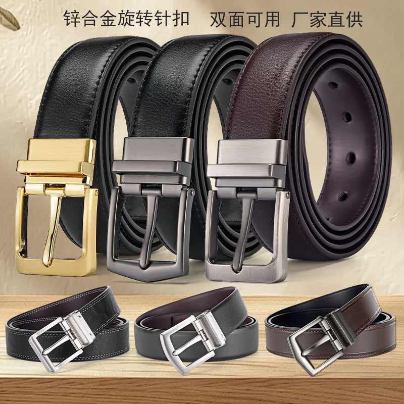 Vintage Genuine Leather Belt with Rotating Pin Buckle