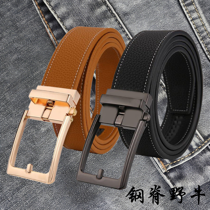 Black [Gun Buckle] men's Genuine Leather Belt with Alloy Automatic Buckle