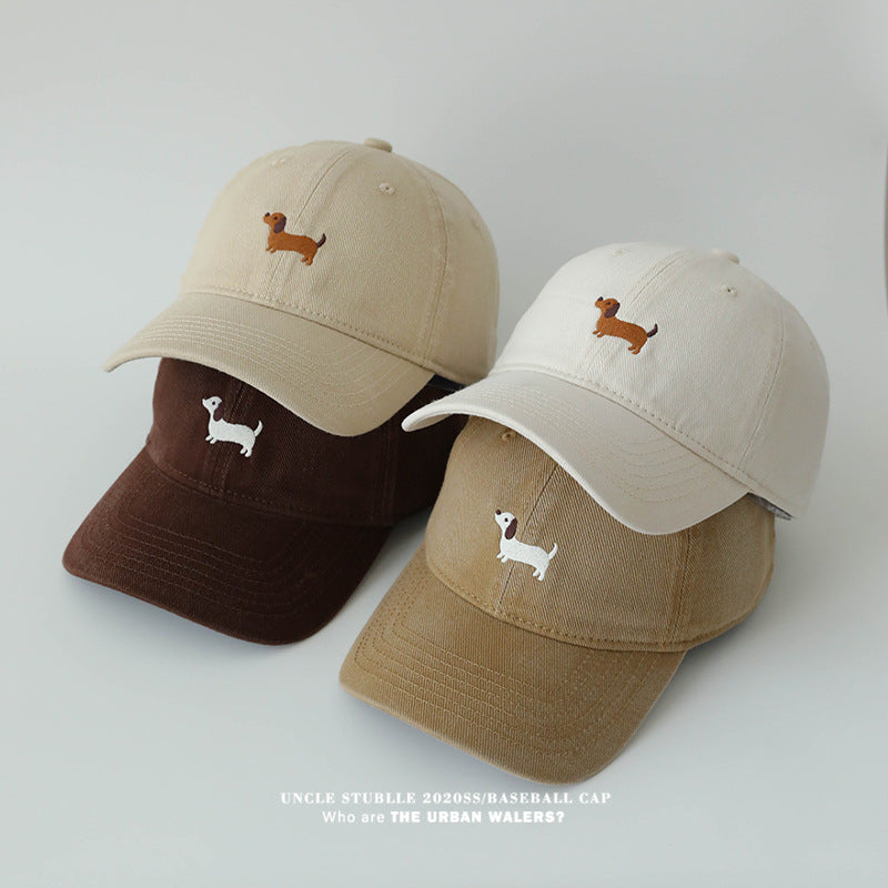 Korean Style Dachshund Embroidered Unisex Wide Brim Cap
