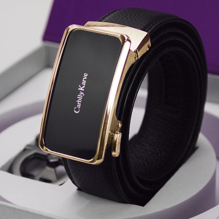 Style 1 [Gold] Hemmed Style men's Cowhide Business Belt with Zinc Alloy Automatic Buckle Gift Box