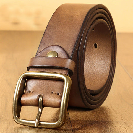 008 Khaki men's First-Layer Cowhide Copper Buckle Casual Leather Belt