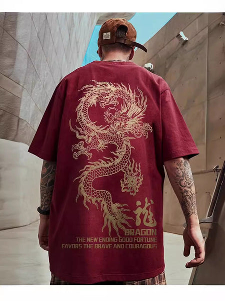 Black men's Dragon-Inspired Red Short Sleeve Cotton T-Shirt