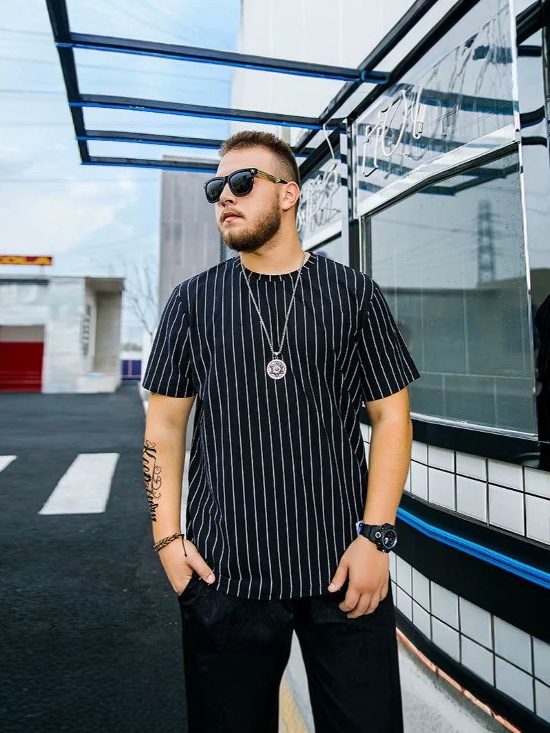 Black men's Loose Fit Striped Short Sleeve Summer Shirt
