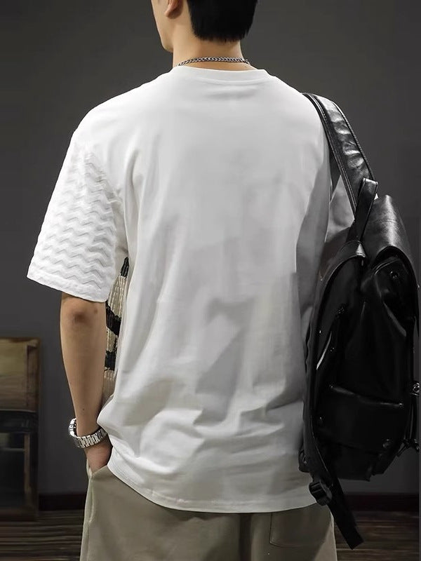 White men's Loose Fit Printed Splicing Round Neck Summer T-Shirt