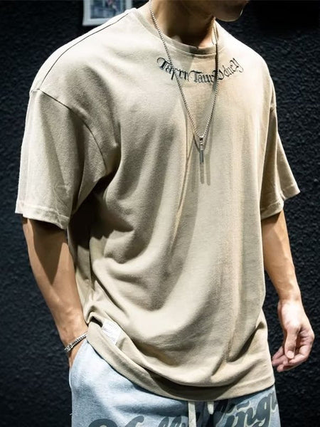White men's Embroidered Retro Loose Fit Round Neck T-Shirt