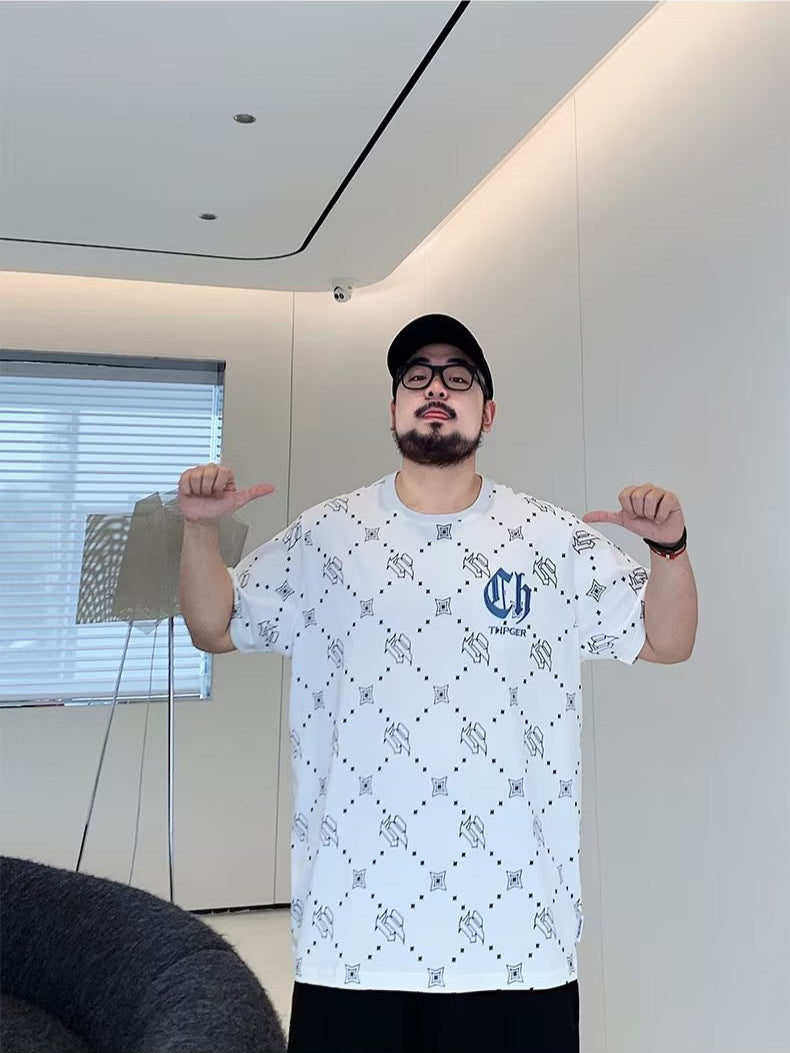 White men's Oversized Diamond Pattern Round Neck T-Shirt