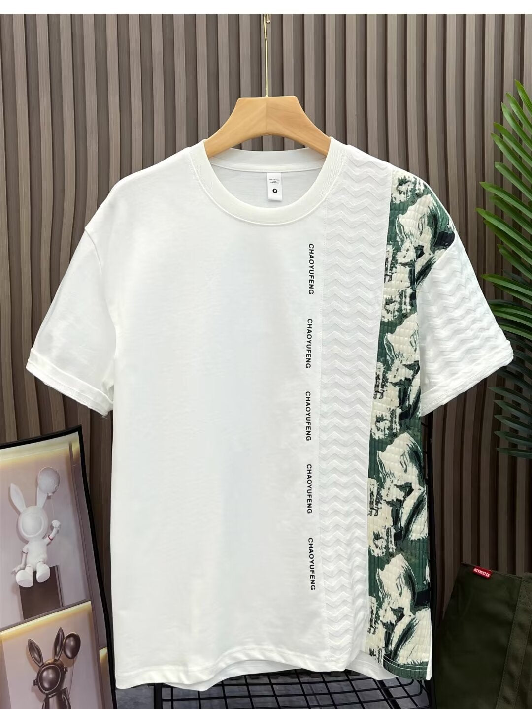 White men's Patchwork Printed Loose Fit Round Neck T-Shirt
