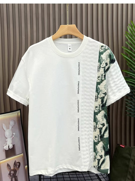 White men's Patchwork Printed Loose Fit Round Neck T-Shirt