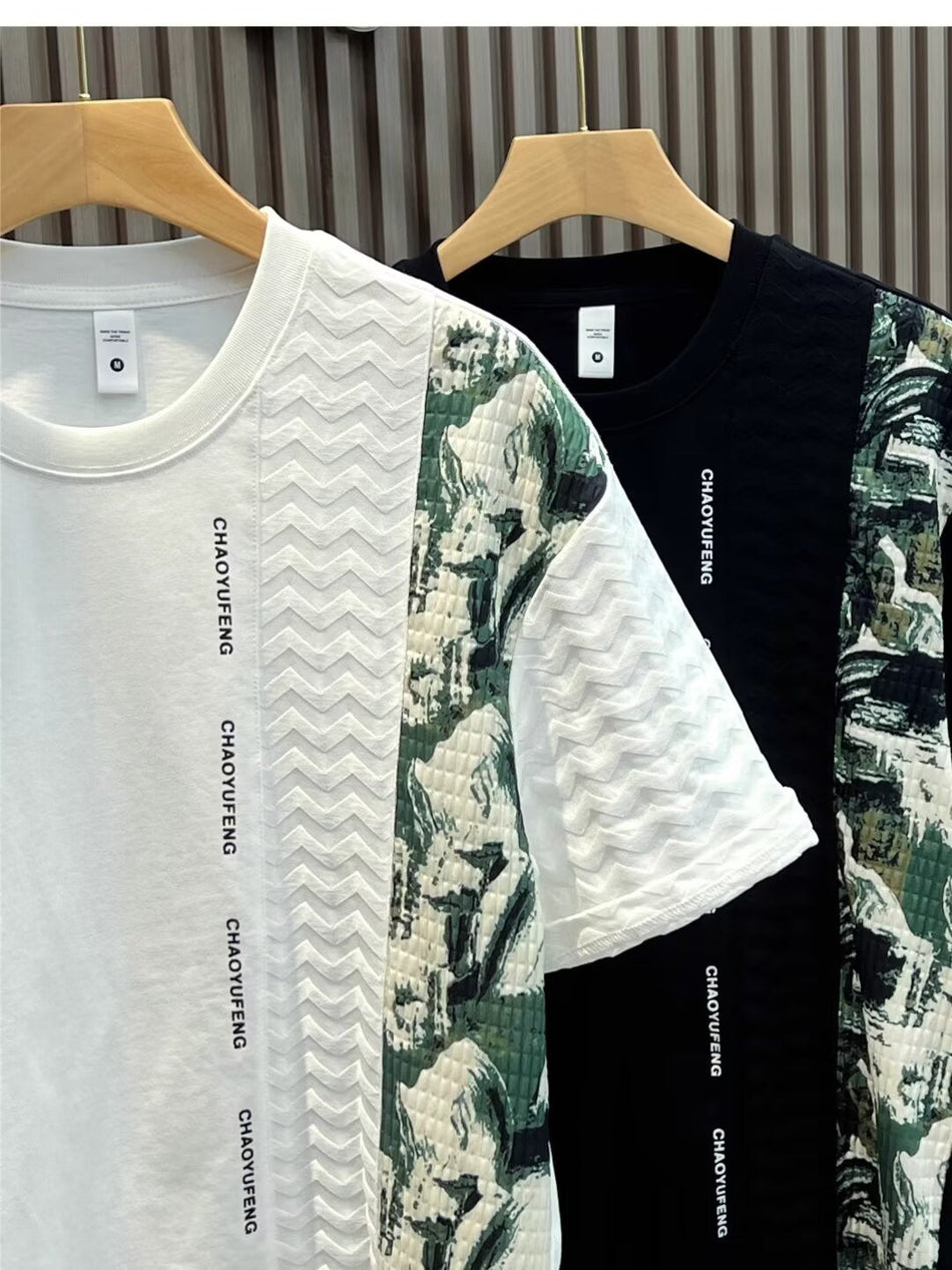Men's Patchwork Printed Loose Fit Round Neck T-Shirt
