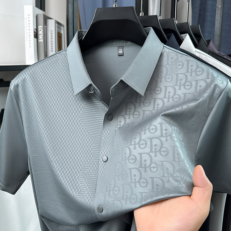 8052 Navy men's Mulberry Silk Printed Short Sleeve Business Shirt