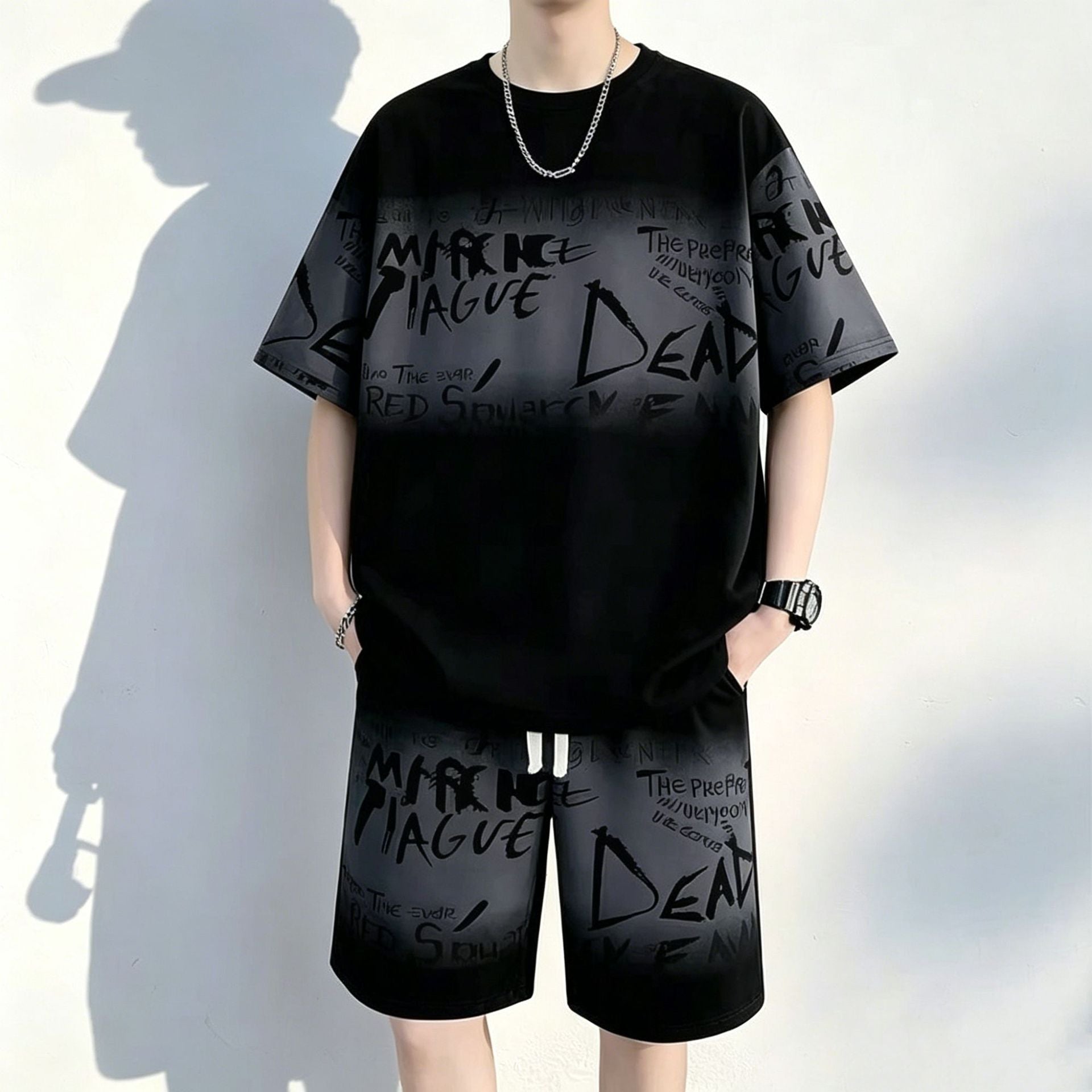 Grey men's Loose Fit Summer T-Shirt and Shorts Set