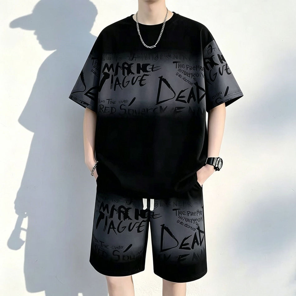 Grey men's Loose Fit Summer T-Shirt and Shorts Set